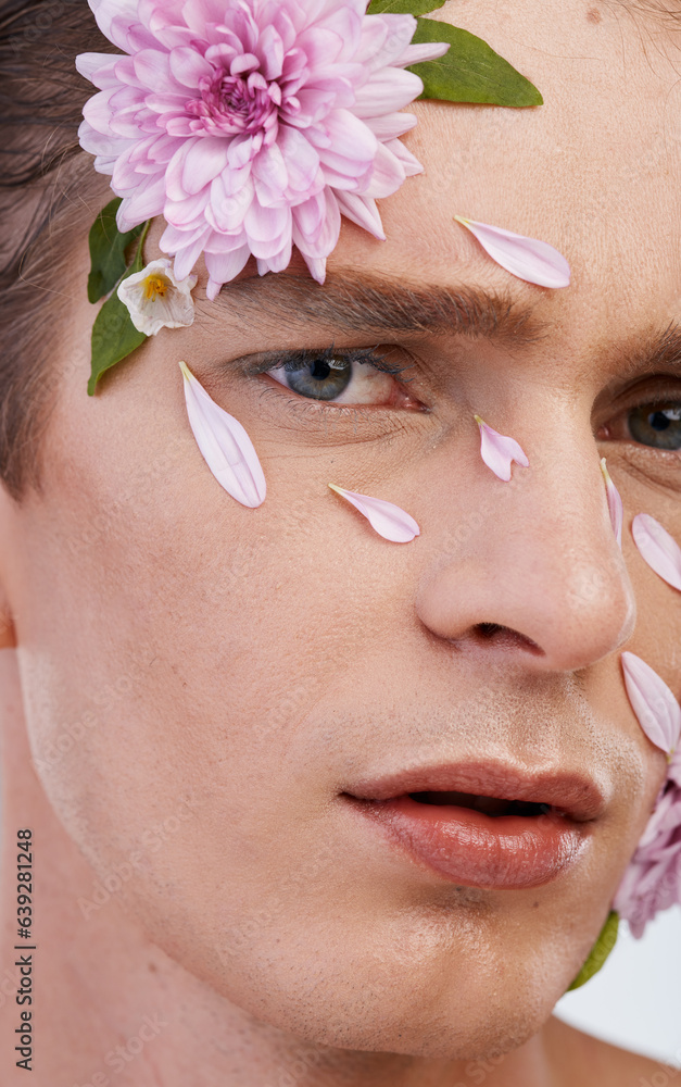 Plant, skincare and flowers with portrait of man in studio for beauty, natural and creative. Glow, c