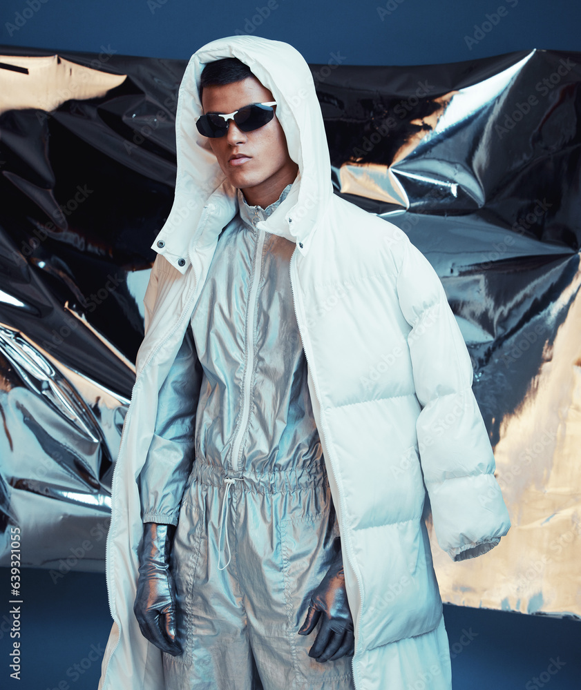 Holographic, vaporwave clothes and man with fashion and futuristic ski style with sci fi in studio. 