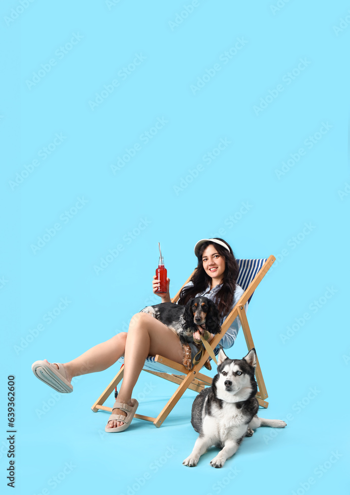 Young woman with cute dogs sitting in deck chair on blue background