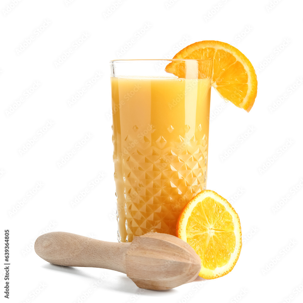 Glass of fresh orange juice and juicer isolated on white background