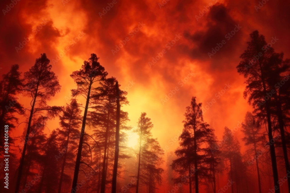 Dramatic forest wildfire at sunset, with silhouetted trees and trees barely visible through heavy sm
