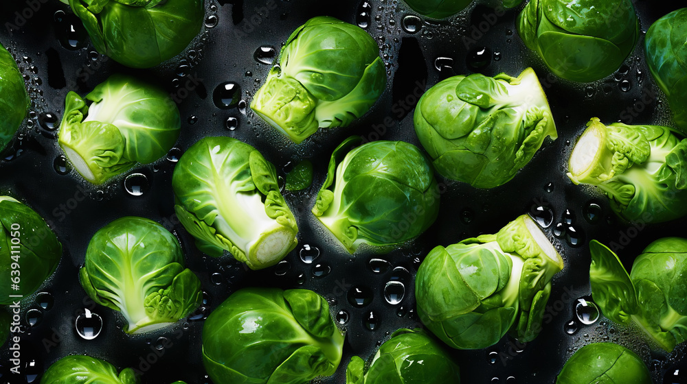Fresh green brussels sprouts with water drops background. Vegetables backdrop. Generative AI