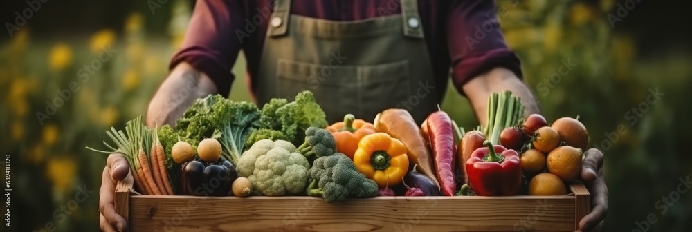 Hands holding a box with fresh vegetables, Healthy eating concept, Raw vegetables.