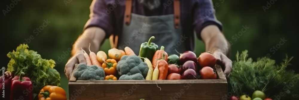 Hands holding a box with fresh vegetables, Healthy eating concept, Raw vegetables.