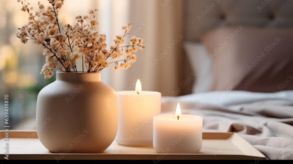 A scented candle on a white table with vases in bedroom modern minimalist.