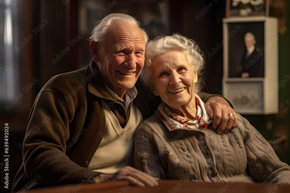 Portrait of senior couple enjoy their time together sitting in boarding house, happy elderly couple 