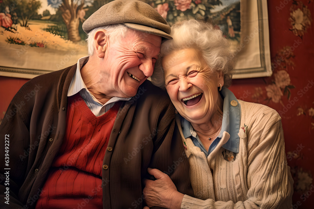 Portrait of senior couple enjoy their time together sitting in boarding house, happy elderly couple 