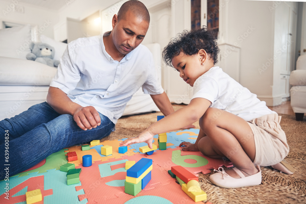Building blocks, play or father with baby on the floor for learning, education or child development.