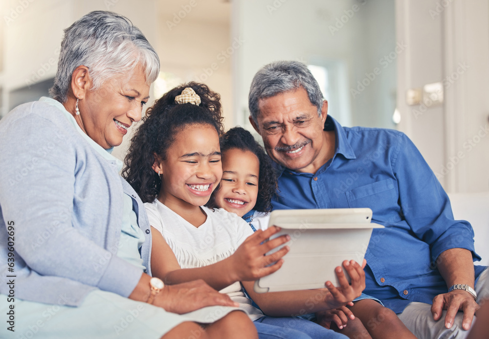 Family. grandparents and children on tablet for selfie, video streaming and e learning, online educa