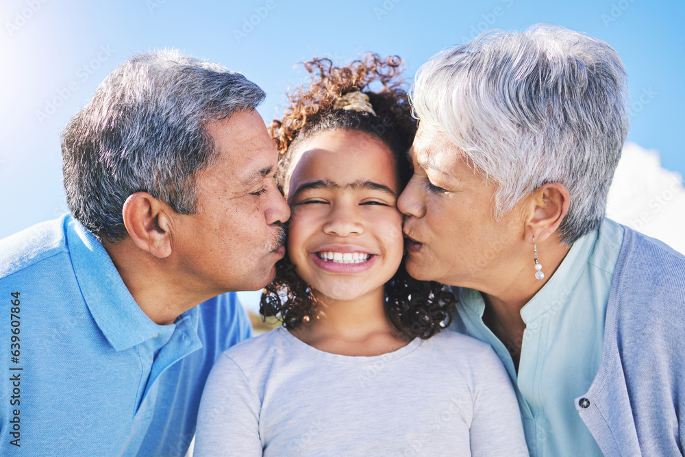 Happy, sky or grandparents kiss child bonding in Brazil to relax with love, smile or care in retirem