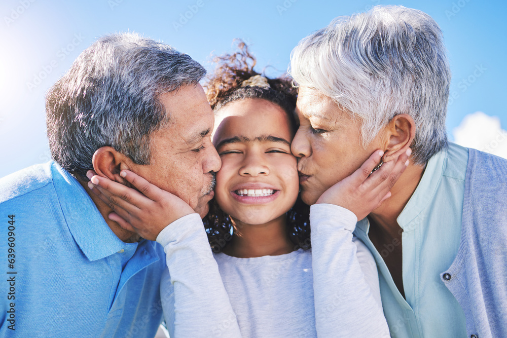 Smile, sky or grandparents kiss child bonding in Brazil to relax with love, trust or care in retirem