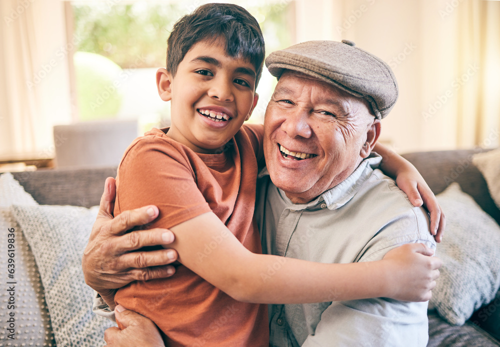 Happy, hug and portrait of child with his grandfather on a sofa in the living room for relaxing and 