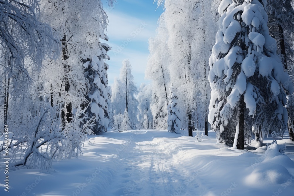 Panoramic view of frost-covered trees in snowdrifts. Magic winter forest.