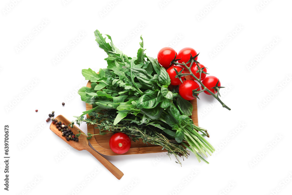 Composition with fresh herbs, tomatoes and peppercorns on white background