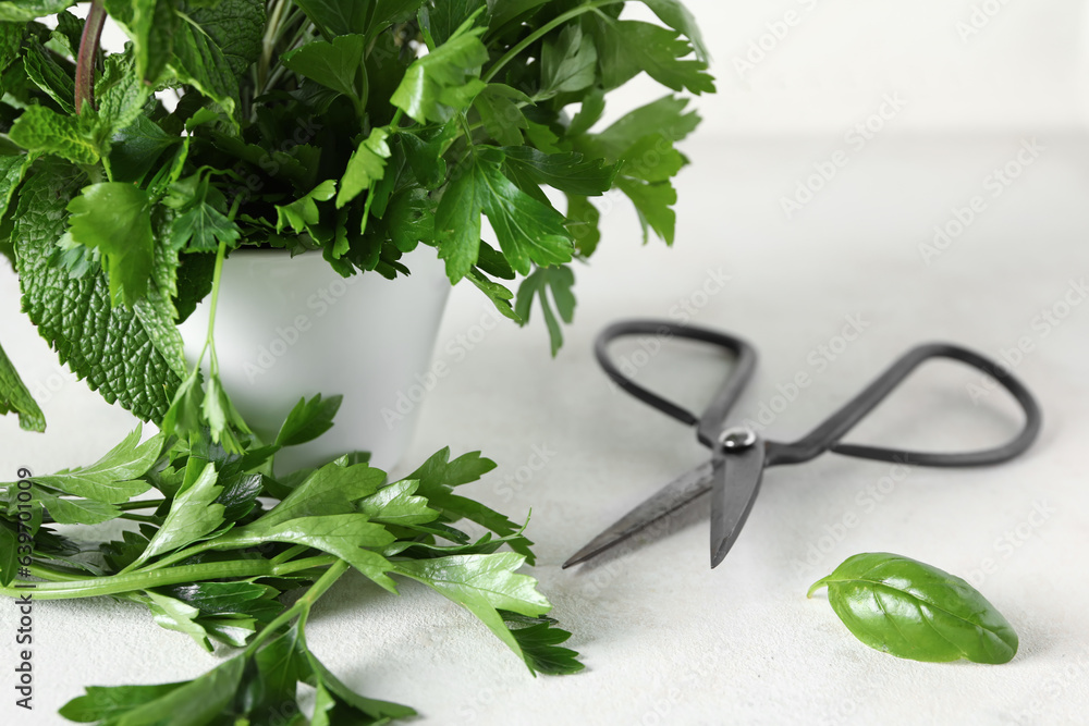 Bowl with fresh herbs and scissors on light table, closeup