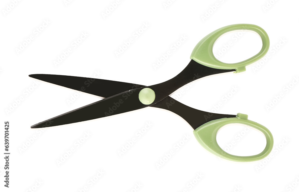 Scissors with green handle isolated on white background