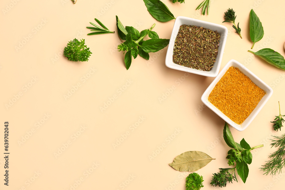 Composition with bowls of spices and herbs on color background