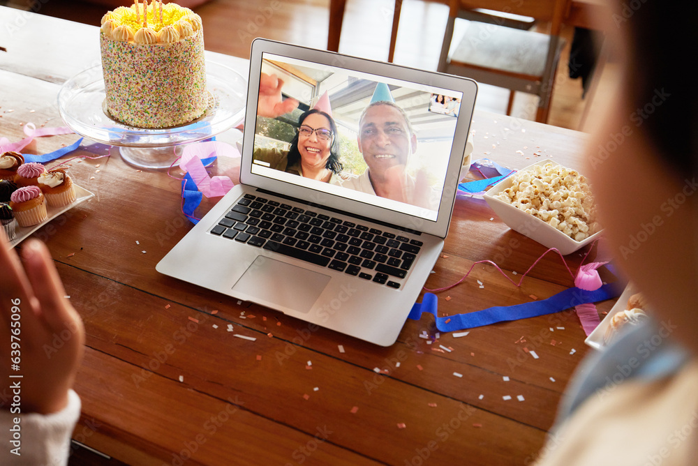 Birthday cake, video call and laptop on table with people online to celebrate on virtual chat. Coupl