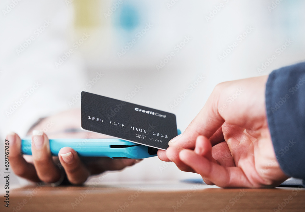 Credit card, hand and payment closeup in a store with cashier, machine and customer in a pharmacy. S