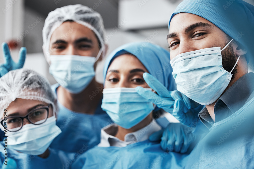 Healthcare, teamwork and surgery, selfie in operating room in medical emergency at hospital. Face of