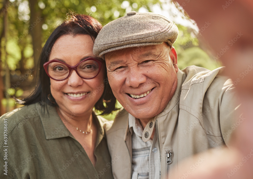 Selfie, smile and senior couple in a park happy, bond and having fun in nature together. Portrait, l