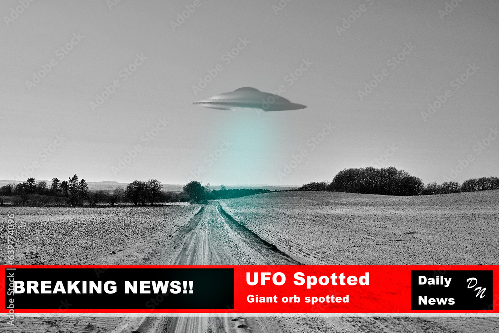 News, nature and broadcast of a ufo on television for science fiction or information on earth. Sky, 
