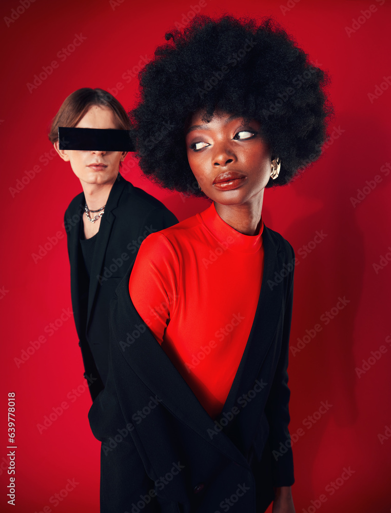 Fashion, retro or people with style, clothes or creative aesthetic on a red studio background. Black