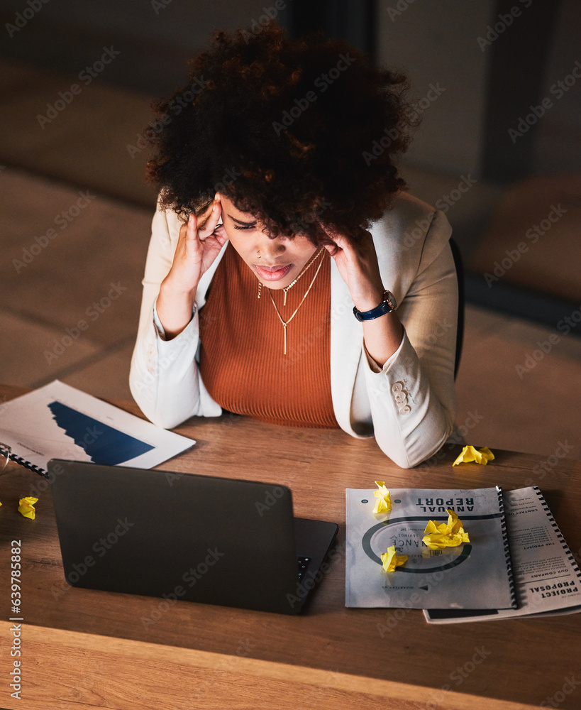 Business woman, stress and headache on laptop of project proposal, report and planning, research or 