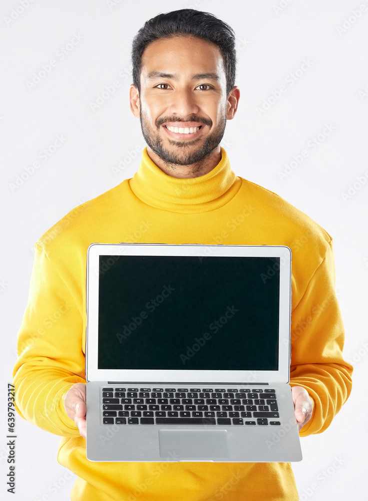 Laptop screen, mockup and smile with portrait of man in studio for social media, communication and u