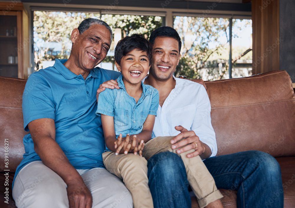 Portrait, laugh and happy family generation of child, father and grandfather relax, connect and smil