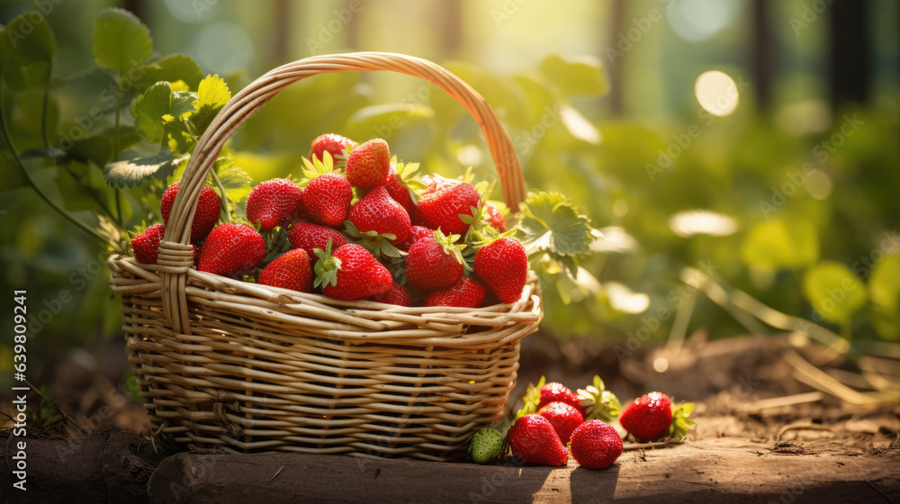 Strawberry field on fruit farm. Fresh ripe organic strawberry in basket