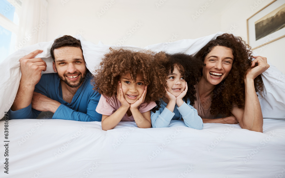 Bedroom portrait, happy family kids and parents smile, bond and relax wellness, home comfort or enjo