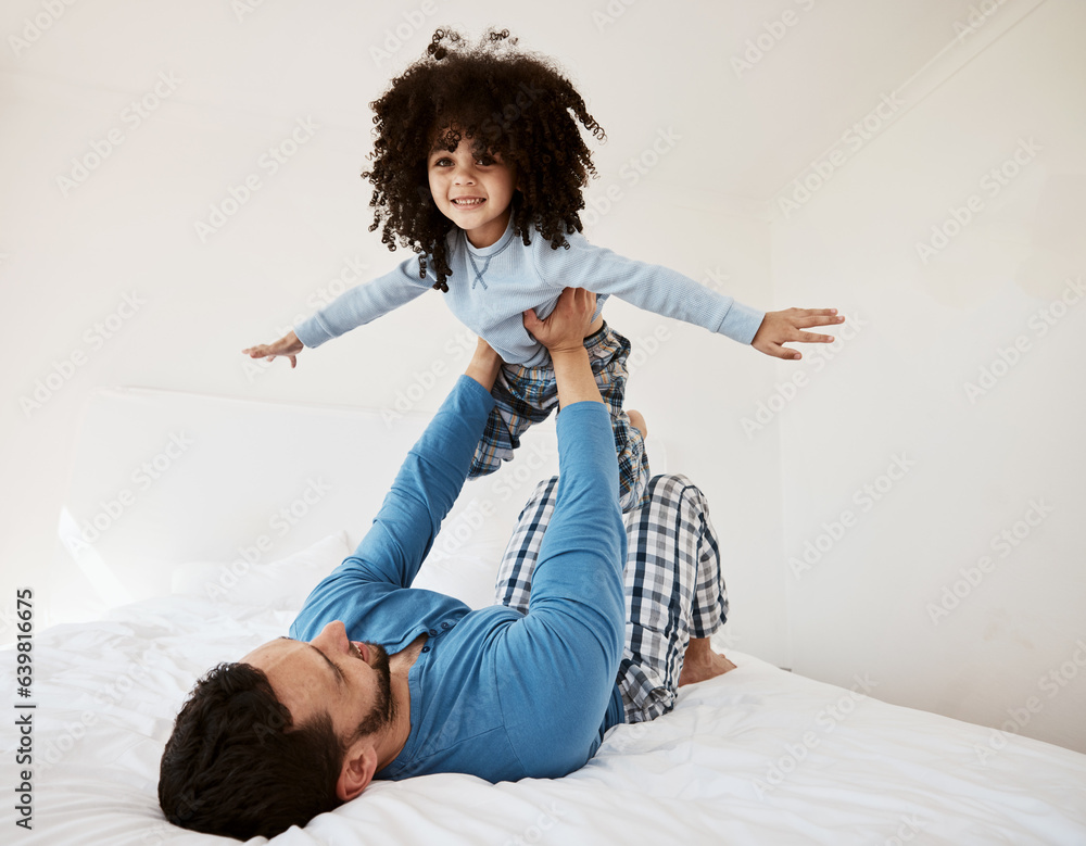 Flying, portrait and a child with a father in the bedroom for playing, happiness and bonding. Smile,