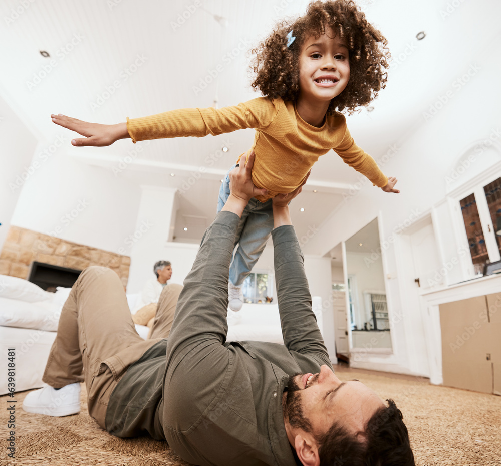 Father, child and airplane game on floor in home living room, bonding and love for care, relax or sm