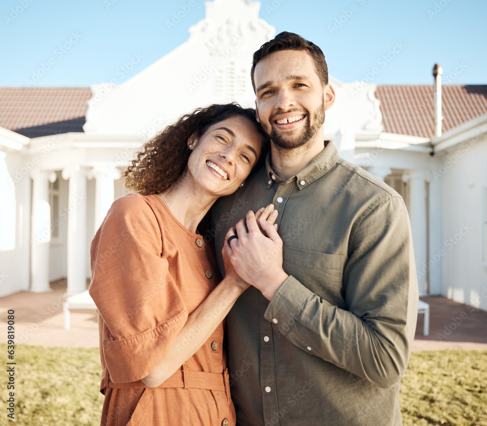 Happy couple, portrait and hug outdoor of new house, real estate and moving to rent residential prop