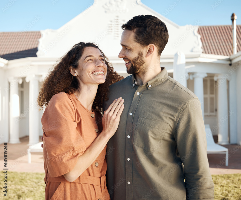 Happy, couple and hug outdoor of new house, real estate and moving to residential property for renta
