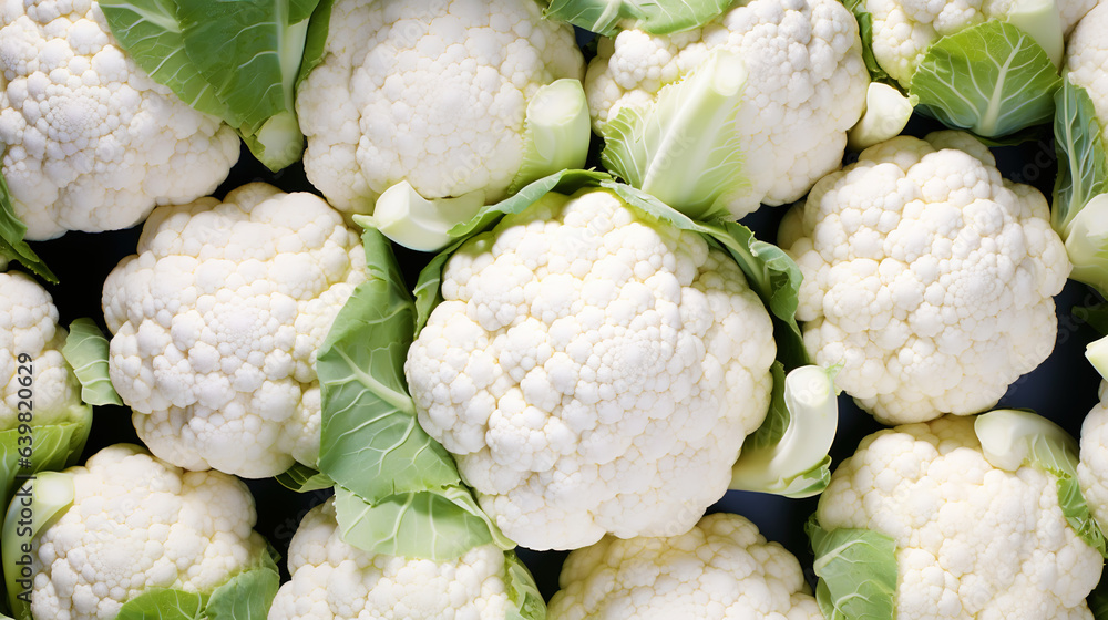 Fresh cauliflowers with water drops background. Vegetables backdrop. Generative AI