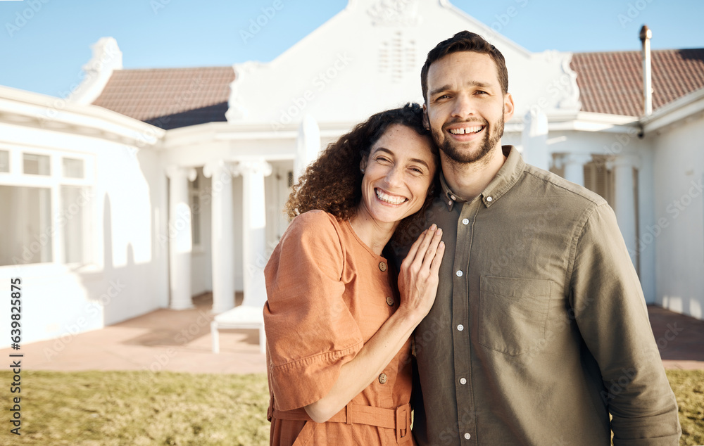Portrait, couple and outdoor of new home, real estate and happy for moving to residential property. 