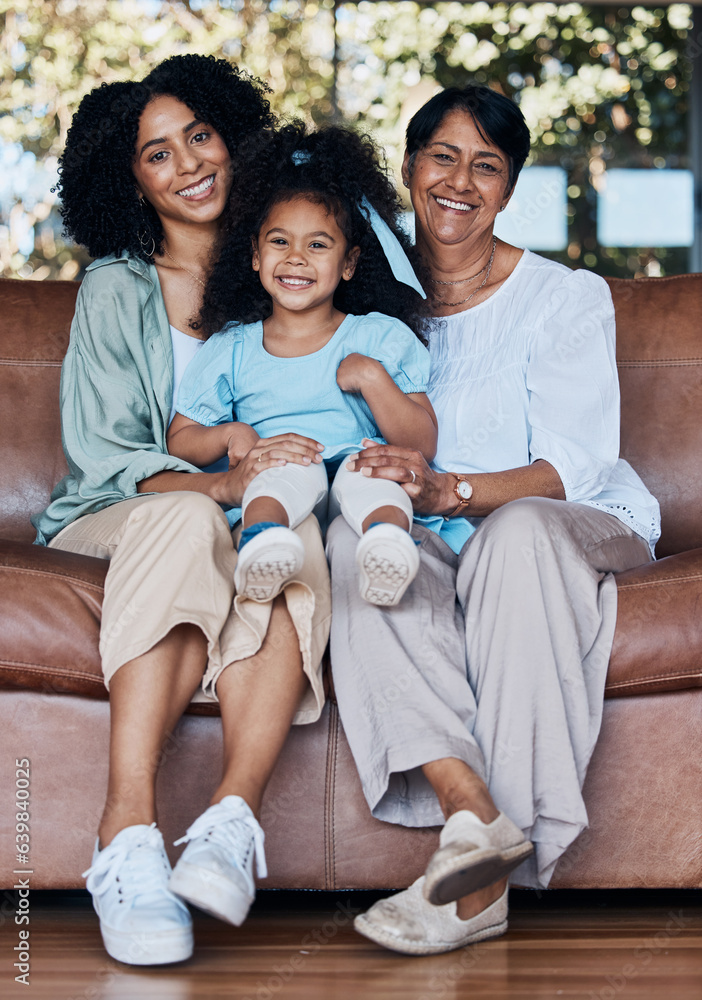 Grandma, mother and daughter on sofa, portrait and smile with care, love and bonding in family house