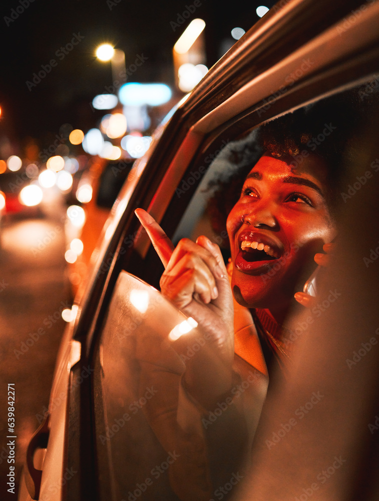 Happy black woman, phone call and car at night in city taxi, communication or networking. Excited Af