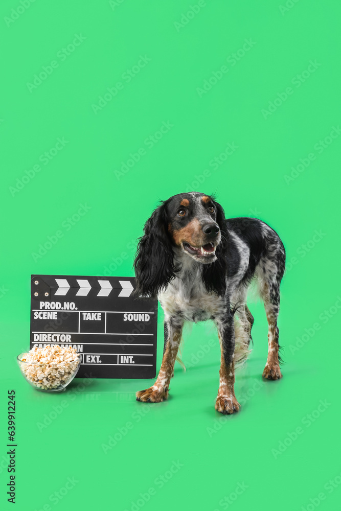 Cute cocker spaniel dog with bowl of popcorn and clapperboard on green background