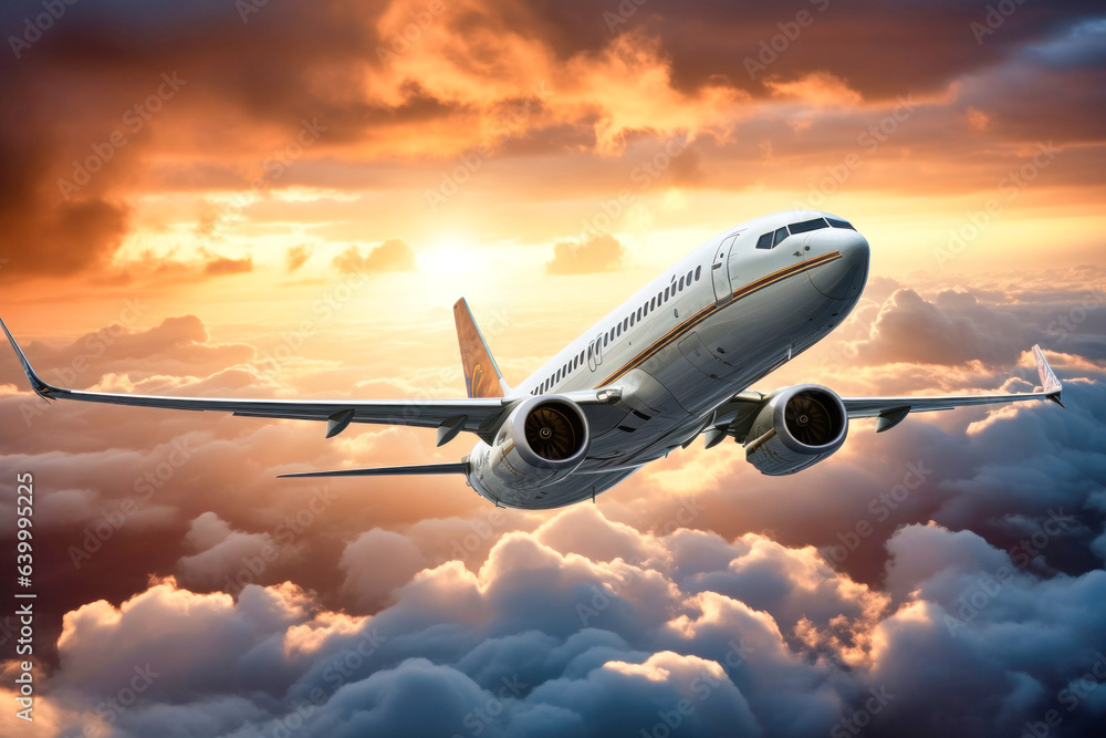 Landscape with aircraft is flying above clouds in orange sky. Travel background with passenger plane