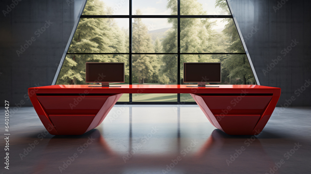 Modern red reception table with two computers
