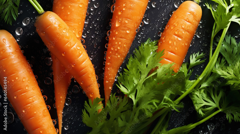 Fresh orange carrots with water drops background. Vegetables backdrop. Generative AI