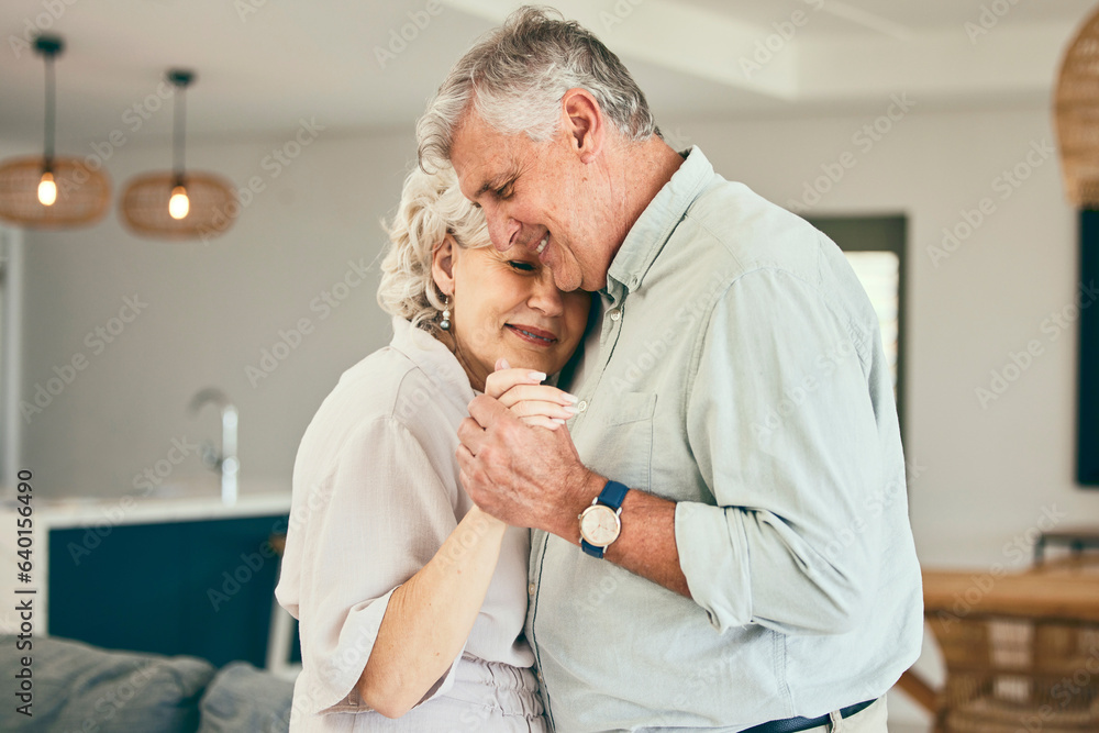 Holding hands, hug or happy old couple dancing for love, support or trust in marriage at home togeth
