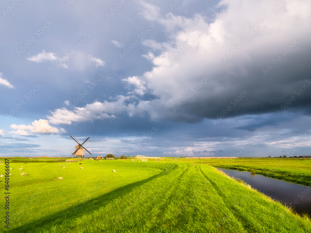 Minimalistic landscape with a windmill. A huge cloud before a storm. Field and pasture for animals. 