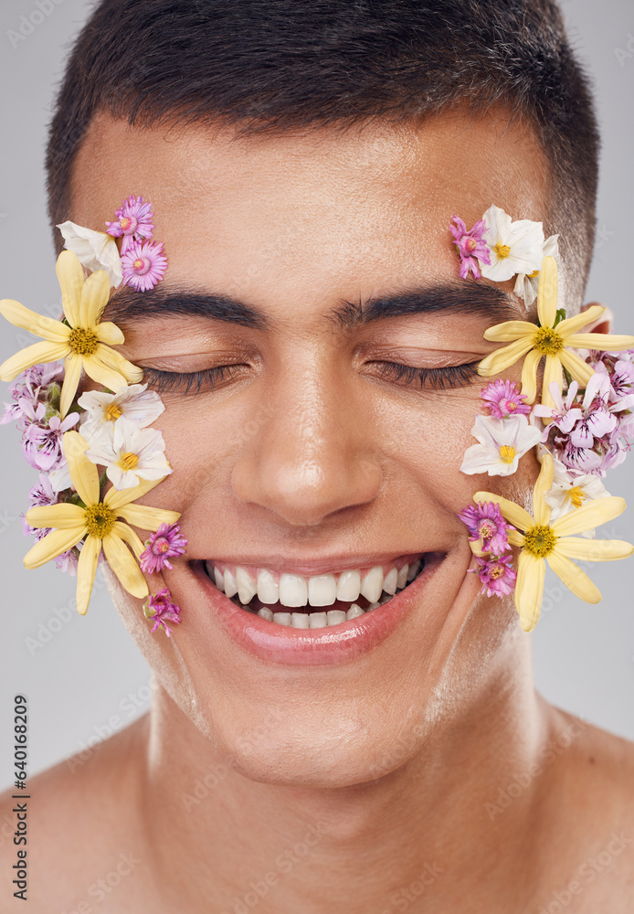 Relax, face or happy man with flowers for beauty, natural cosmetics or wellness in studio on white b