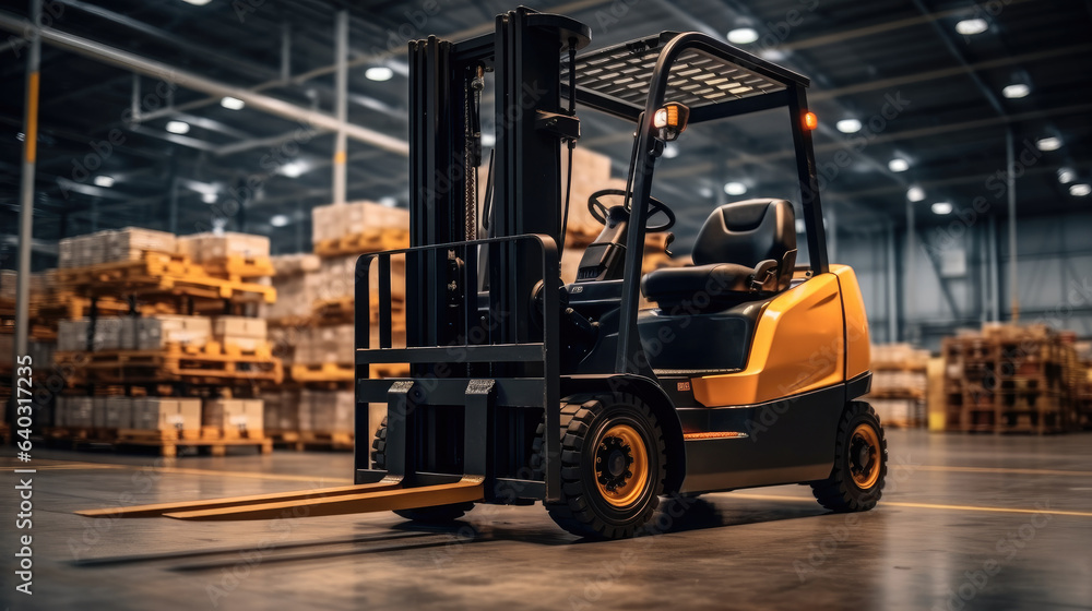 Forklift in a distribution warehouse.