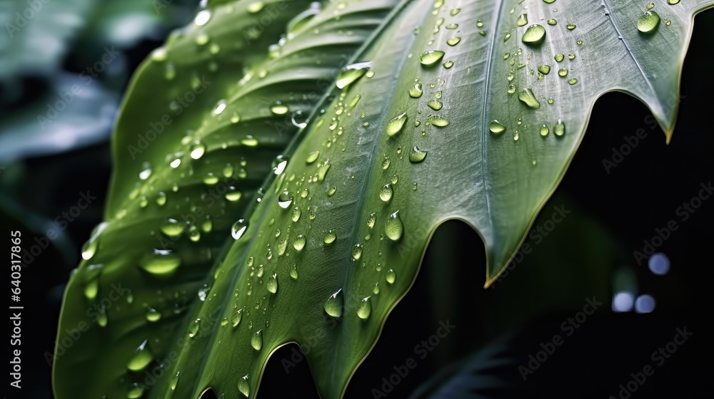 Tropical green botanical jungle leaf with water droplets, Water droplet on palm leaf.