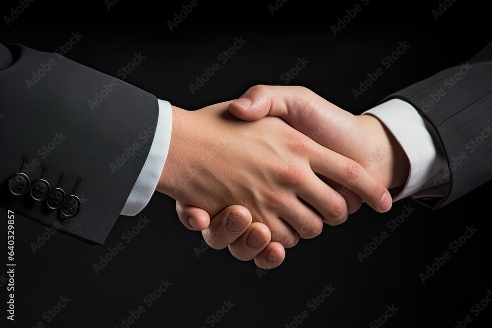 Handshake of two businessmen on black background, Businessman handshake close-up, top section croppe